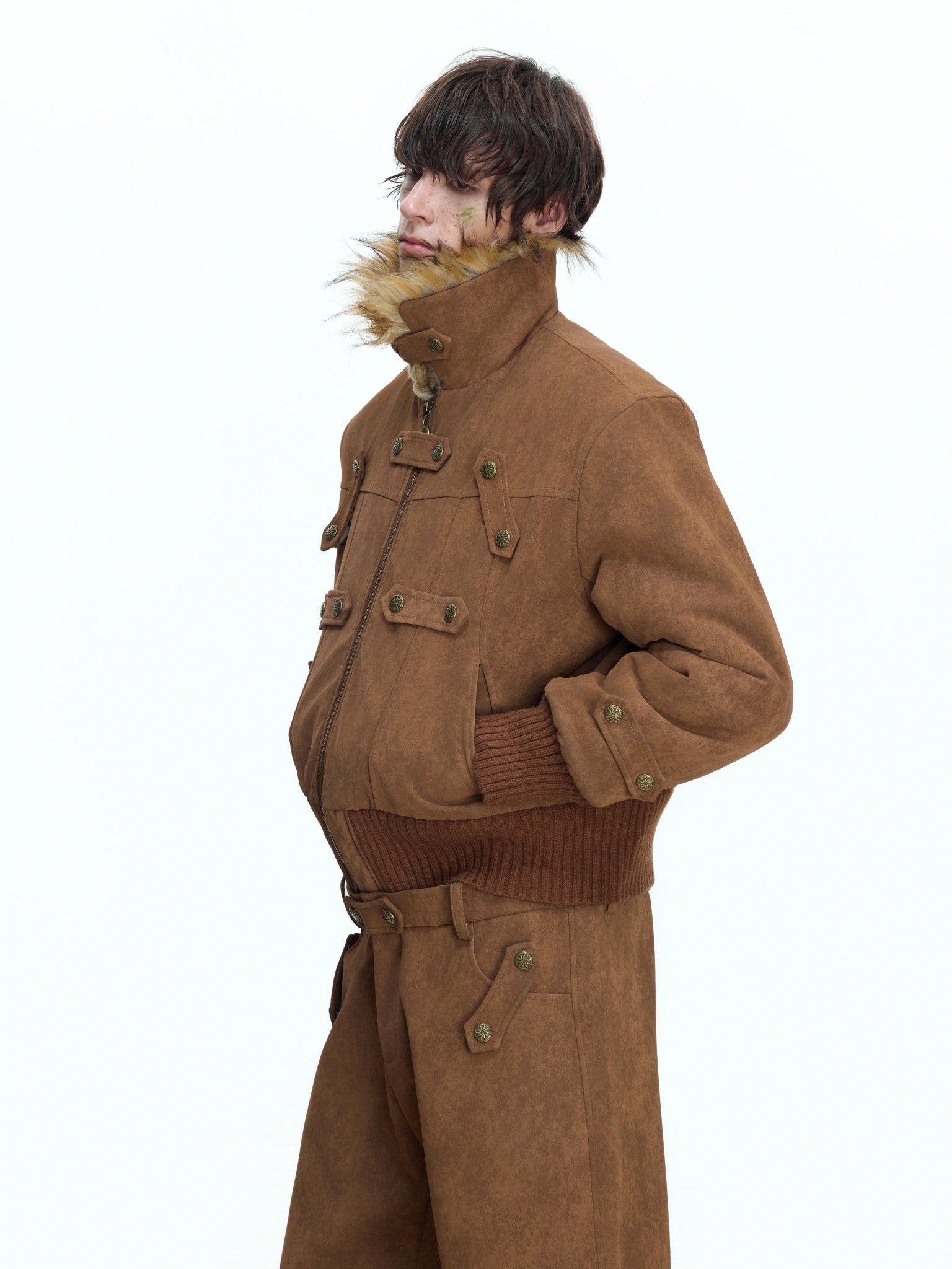 Brown PU Fleece-Lined Cropped Jacket | Unisex - main image 2