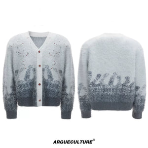 Gradient Wool-Blend Knit Cardigan | Unisex Streetwear - White - Preorder, Ships After Lunar New Year