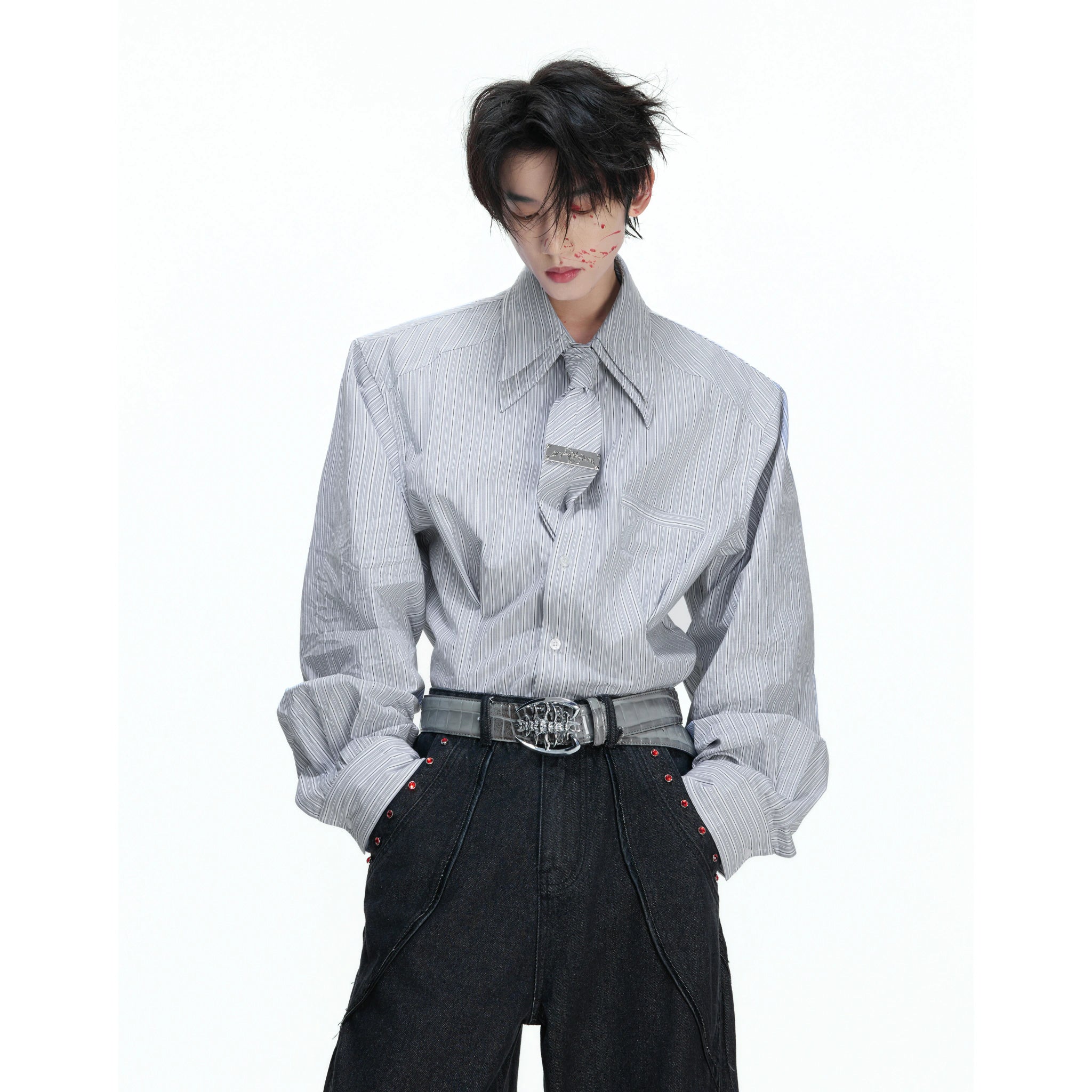 Striped Waist-Cinched Shirt with Detachable Tie - main image 2