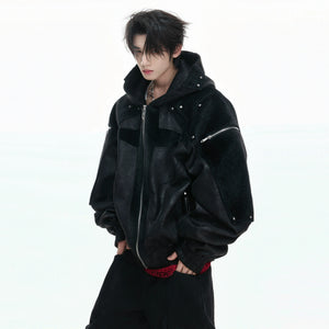 Hooded Deconstructed Faux Leather Jacket in Black - main image 2