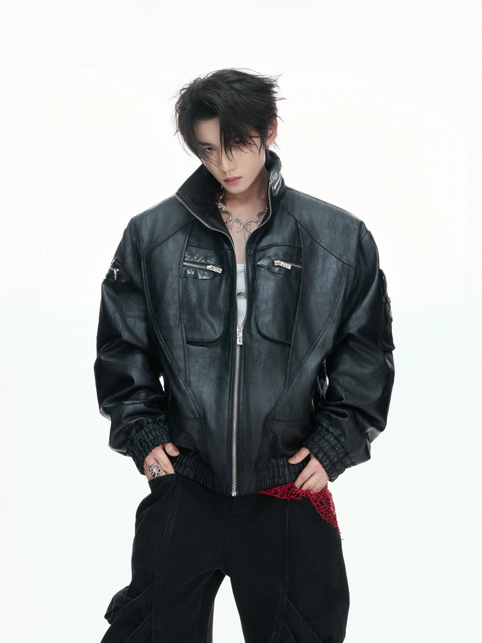 Deconstructed Faux Leather Jacket with Multi-Zip Detail - main image 1