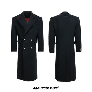 Metal-Accent Double-Breasted Wool Blend Longline Coat - Quilted Black Top