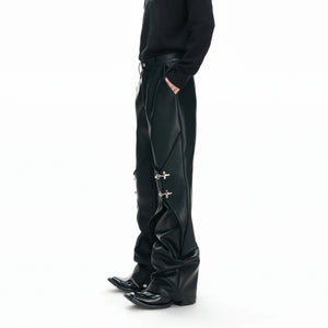 Black Faux-Leather Straight-Leg Pants with Metal Buckles - main image 1