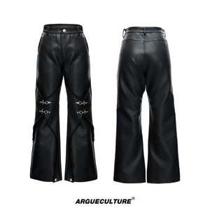 Black Faux-Leather Straight-Leg Pants with Metal Buckles - Black