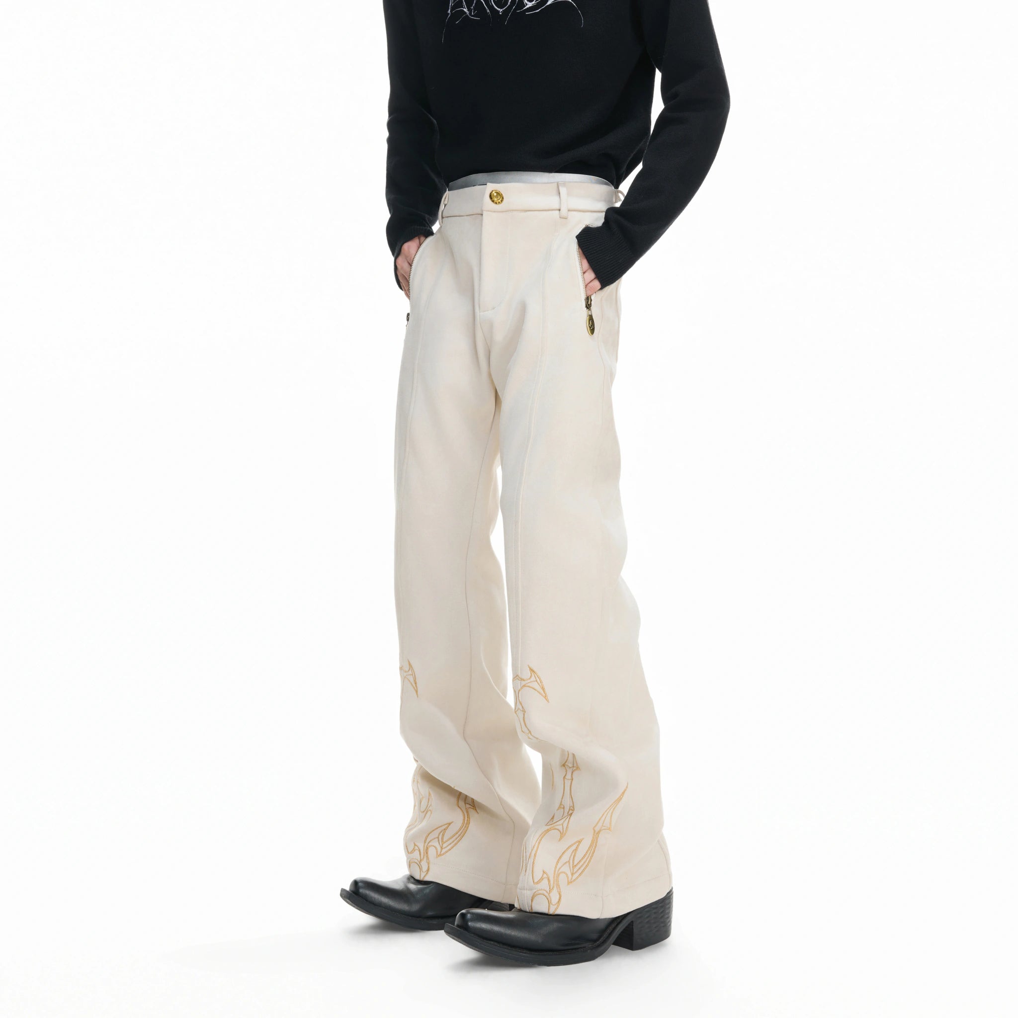 Embroidered Suede Straight-Leg Trousers | Avant-Garde - main image 1