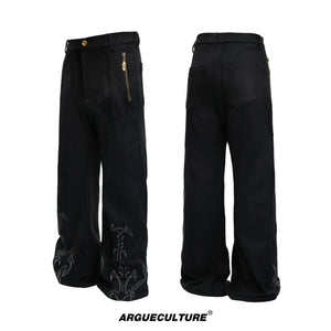 Embroidered Suede Straight-Leg Trousers | Avant-Garde - Black Top