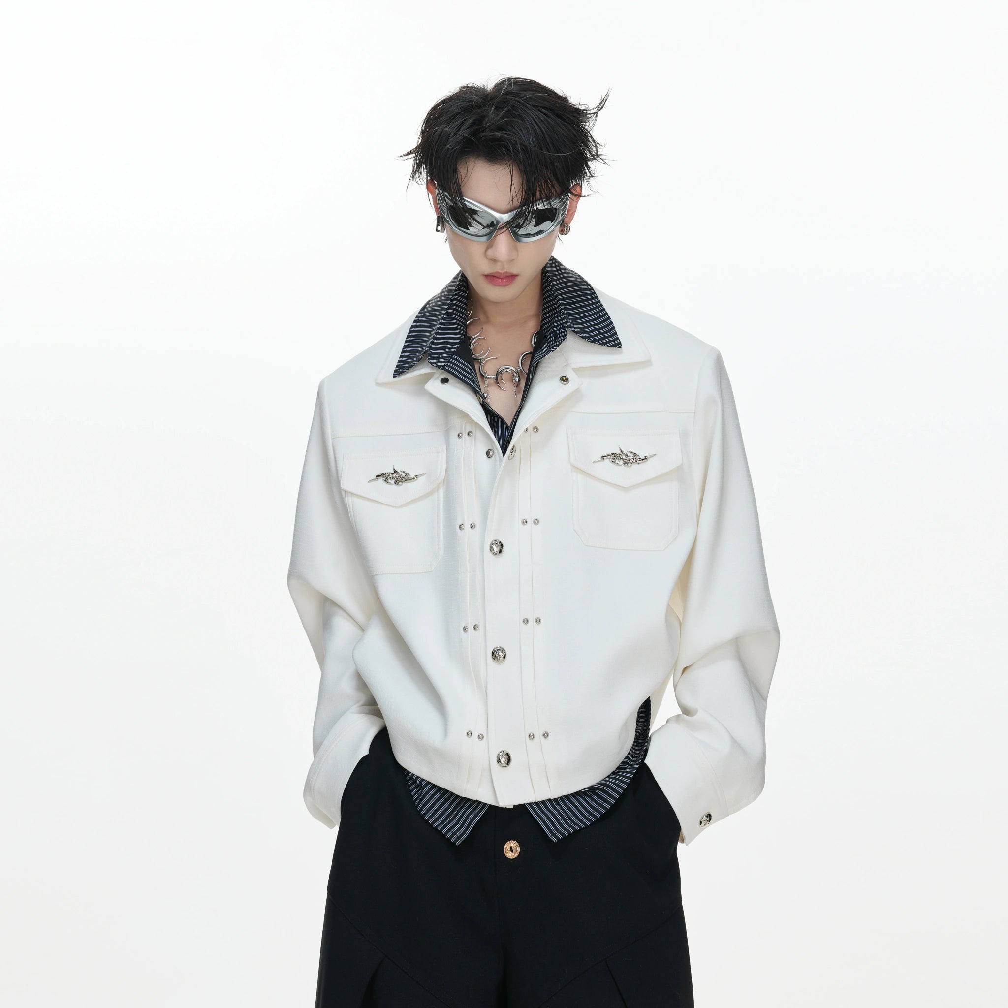 Striped Layered Short Wide Jacket | Streetwear Outerwear - main image 2