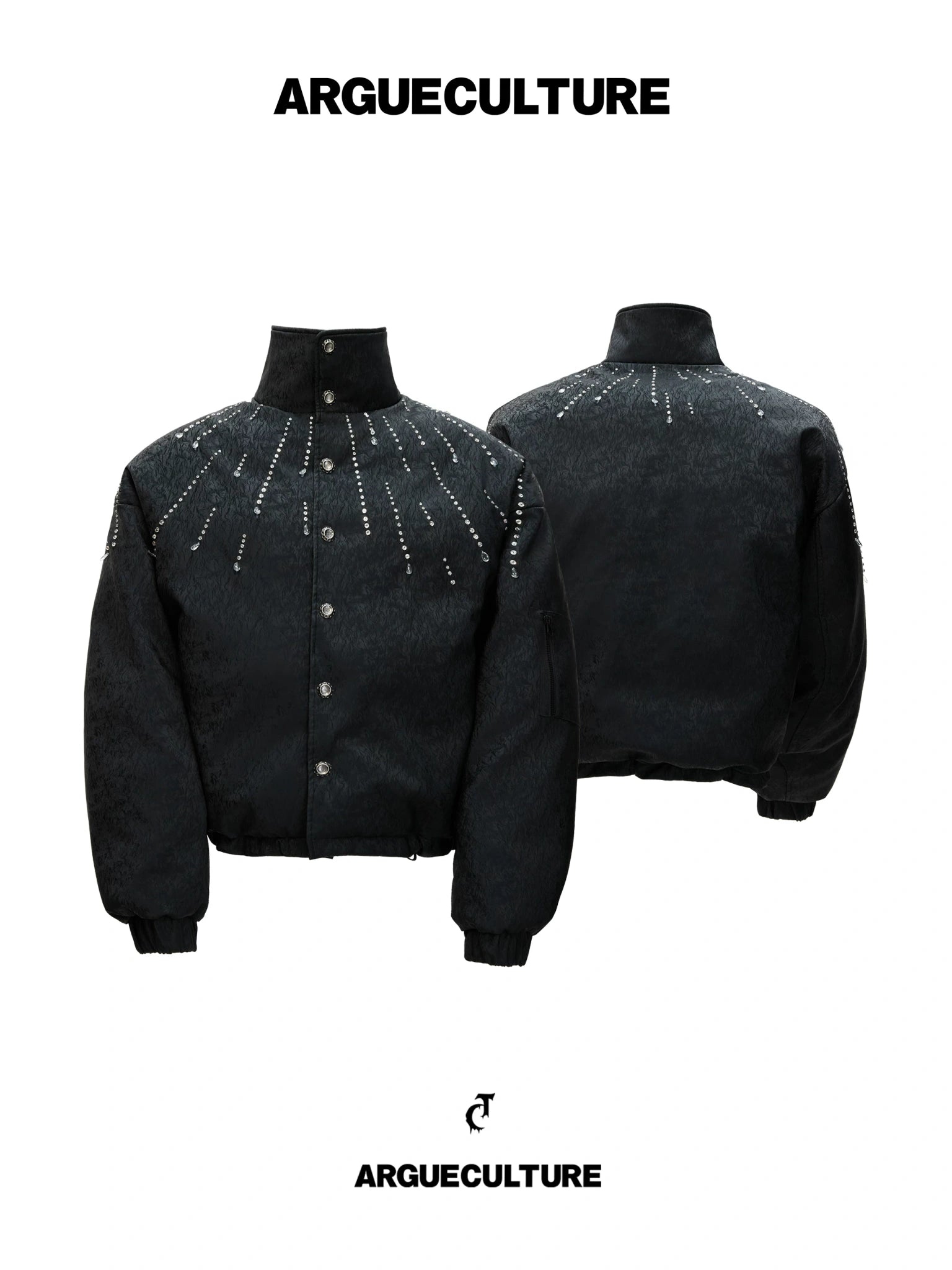 Cropped Black Rhinestone PU Jacket, Stand Collar - main image 1