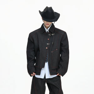 Black Raw Denim Jacket with Aircraft Buckle Details - main image 2