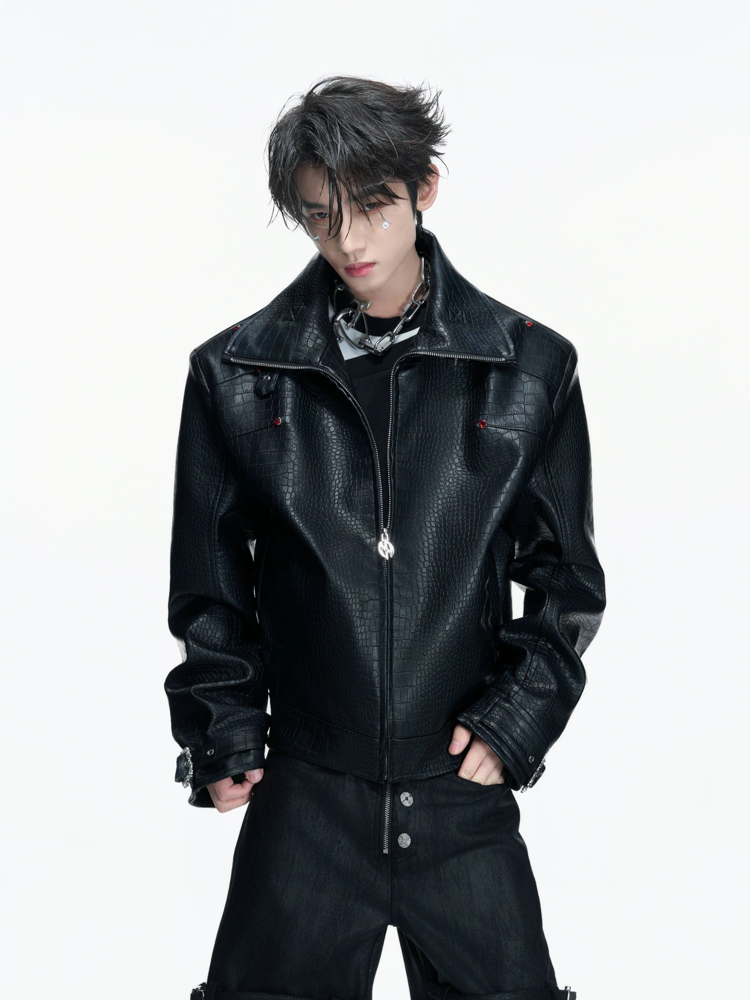 Crocodile-Embossed Faux Leather Stand-Collar Jacket - main image 1