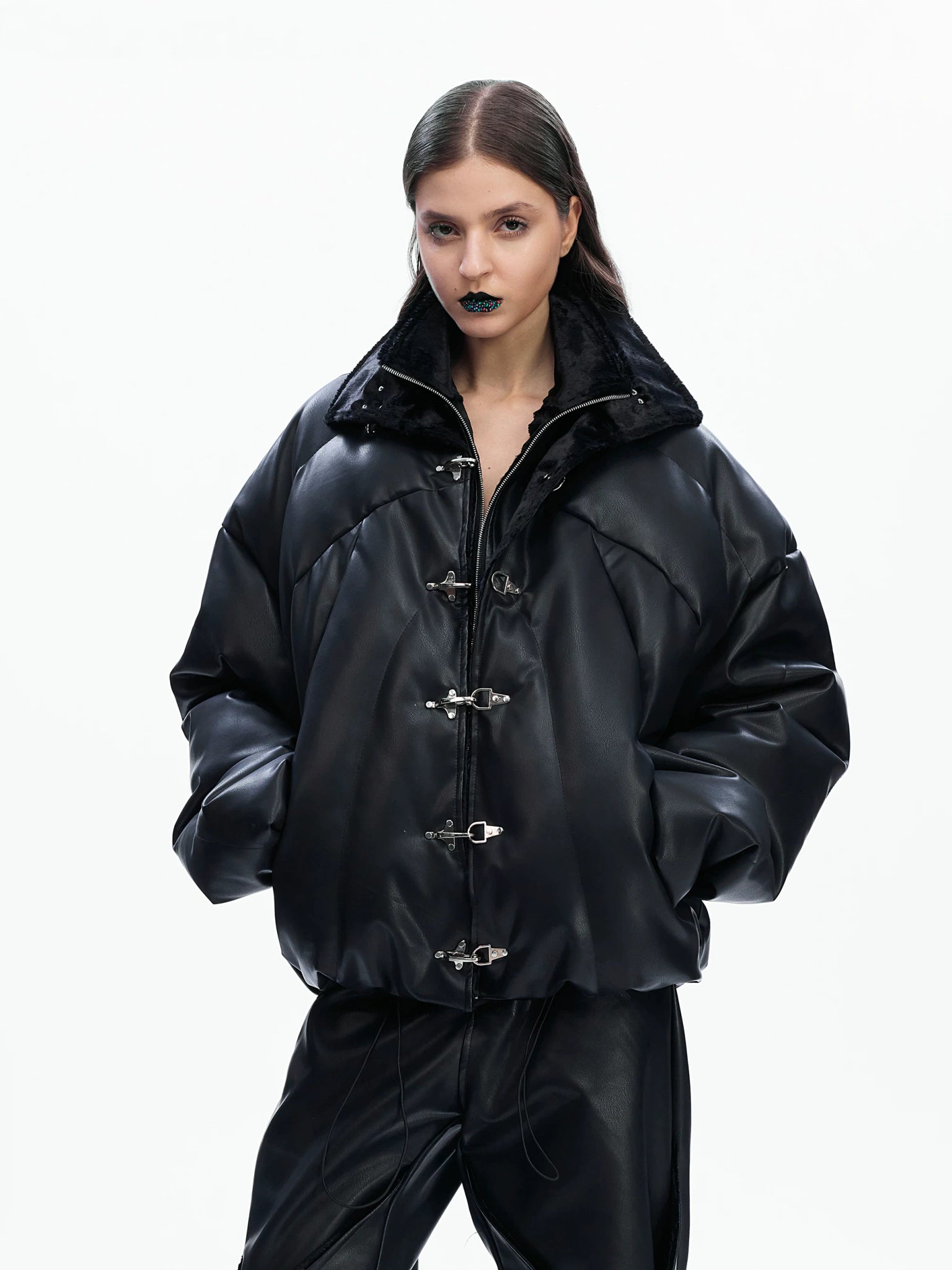 Deconstructed Faux Leather Padded Jacket with Buckles - main image 2
