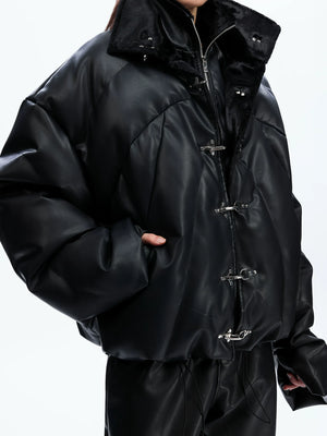 Deconstructed Faux Leather Padded Jacket with Buckles - main image 3