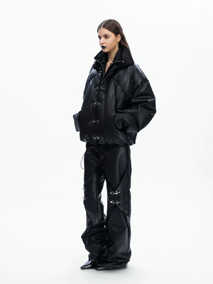 Deconstructed Faux Leather Padded Jacket with Buckles - main image 4