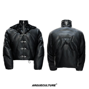 Deconstructed Faux Leather Padded Jacket with Buckles - Black Top