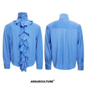 Court Ruffle Cotton-Spandex Button-Front Shirt - Blue Top
