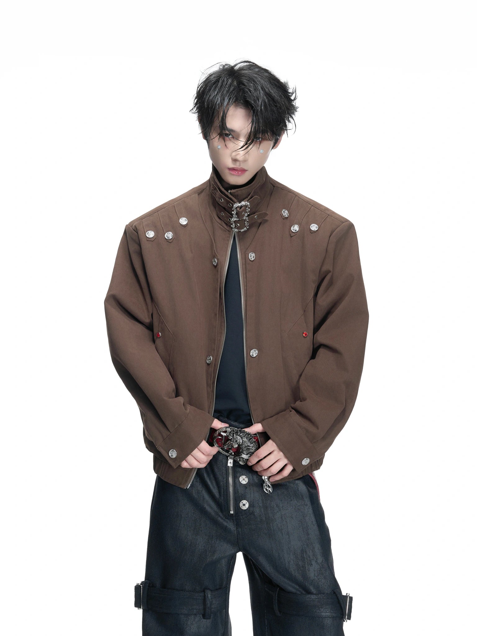 Washed Cropped Stand-Collar Court-Button Jacket - main image 1