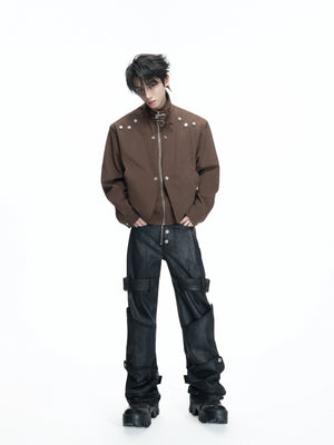 Washed Cropped Stand-Collar Court-Button Jacket - main image 4