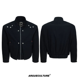 Washed Cropped Stand-Collar Court-Button Jacket - Black Top