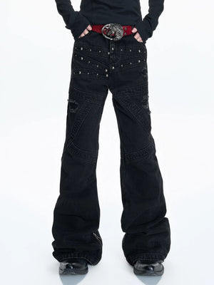 Washed Black Flare Jeans with Rivets | Unisex Streetwear - main image 1