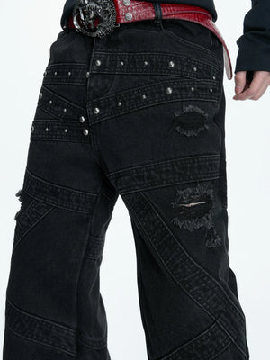 Washed Black Flare Jeans with Rivets | Unisex Streetwear - main image 4