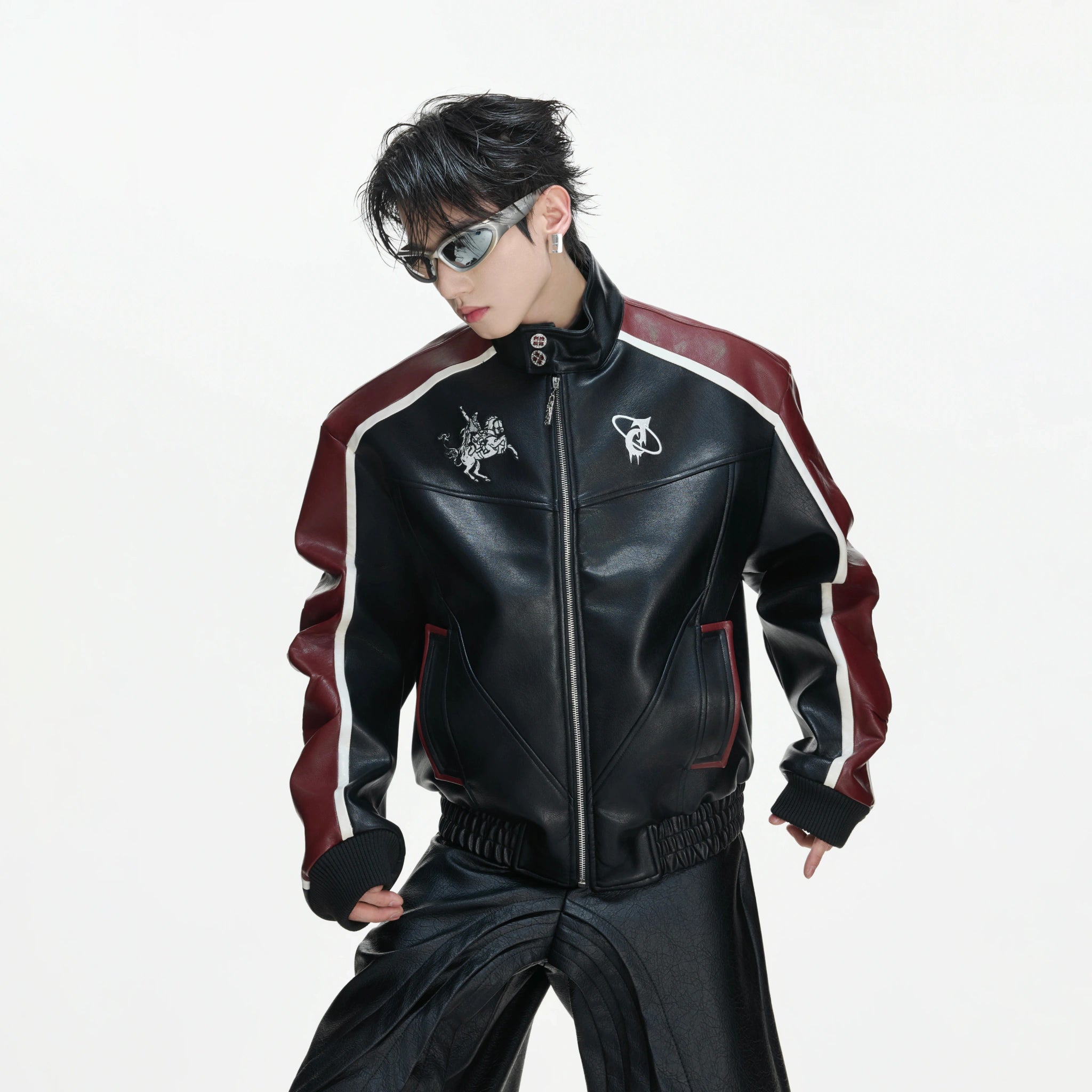 Embroidered Shield Faux Leather Moto Jacket - main image 1