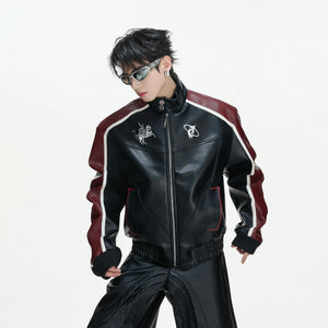 Embroidered Shield Faux Leather Moto Jacket - main image 1