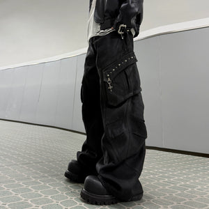 Black Waxed Cotton Cargo Jeans with Double Pleats - main image 2