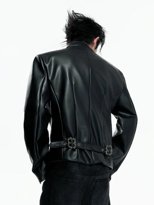 Asymmetric PU Leather Biker Jacket | Double-Breasted - main image 3