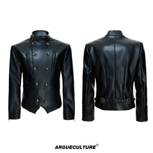 Asymmetric PU Leather Biker Jacket | Double-Breasted - Black Top