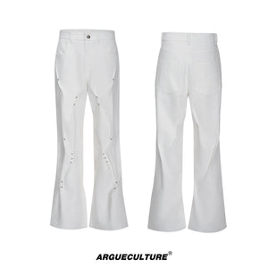 Pleated Rivet Cotton Pants | Relaxed Straight-Leg Fit - White Pants