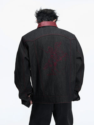 Black Short Wide Raw Denim Jacket with Embroidery - main image 4