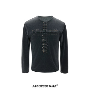Unisex Pin Cross Long-Sleeve Cotton Blend Top - Gray Top