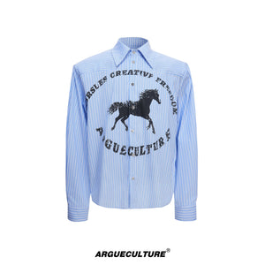 Loose Rhinestone Stripe Shirt with Metal Stud Details - Blue Top