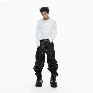 Black Raw Denim Double-Waist Jeans | Relaxed Fit - main image 3