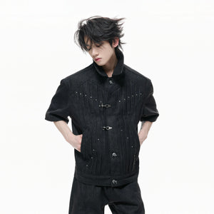 Black Raw Denim Lapel Jacket & Flared Jeans Set - main image 2