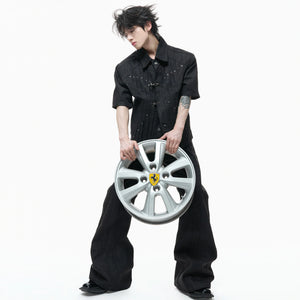 Black Raw Denim Lapel Jacket & Flared Jeans Set - main image 4