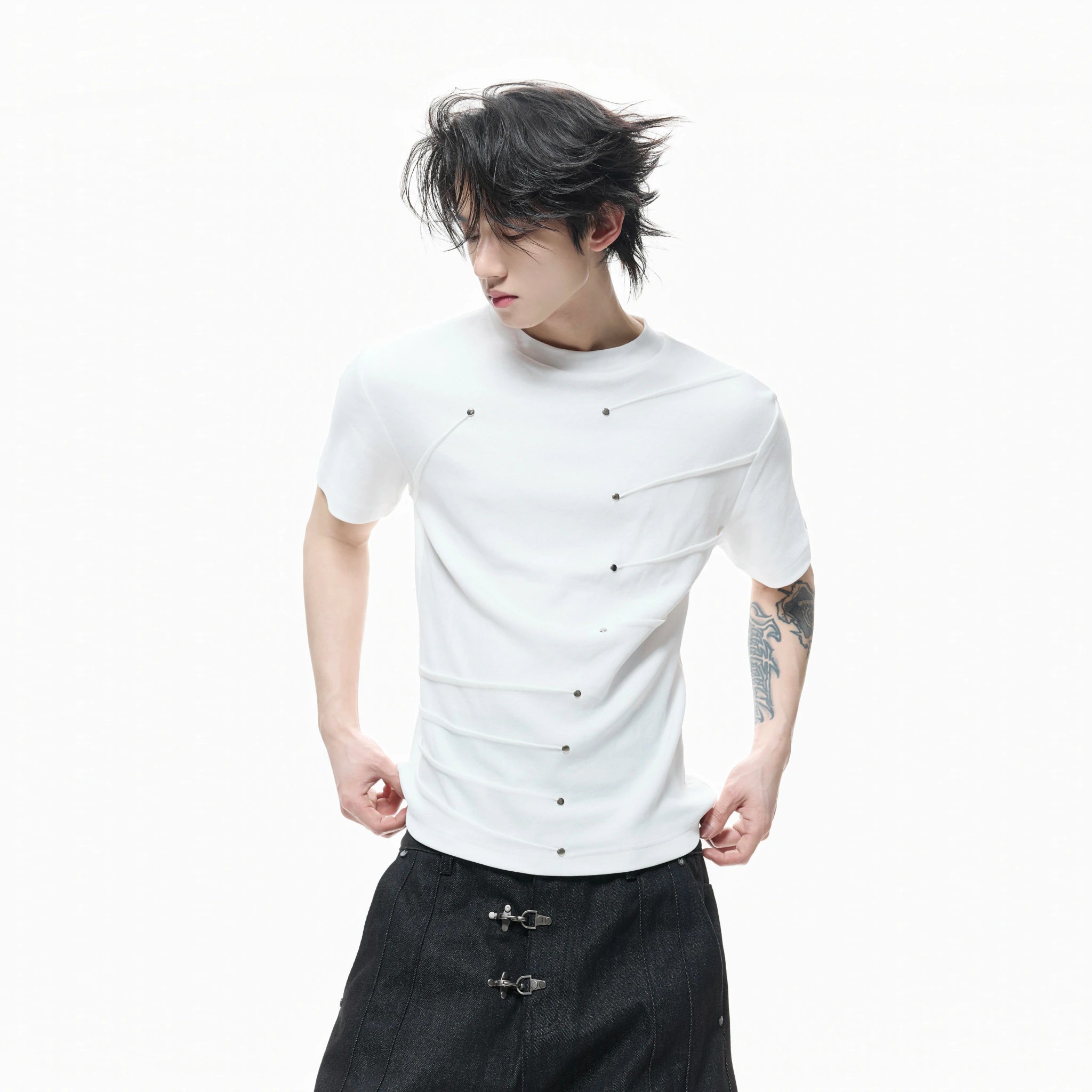 Metal Stud Pleated Crewneck T-Shirt | Unisex Streetwear - main image 2