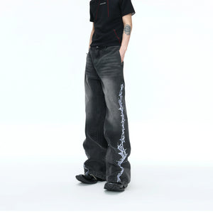 Washed Straight-Leg Jeans with Embroidery and Hardware - main image 2