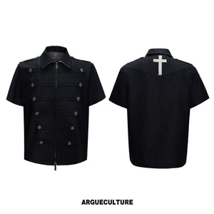 Cross-Detail Double-Breasted Cotton Polo Set - Black Top