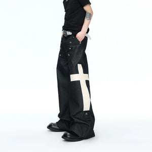 Black Cross-Detail Wide-Leg Cotton Jeans - main image 1