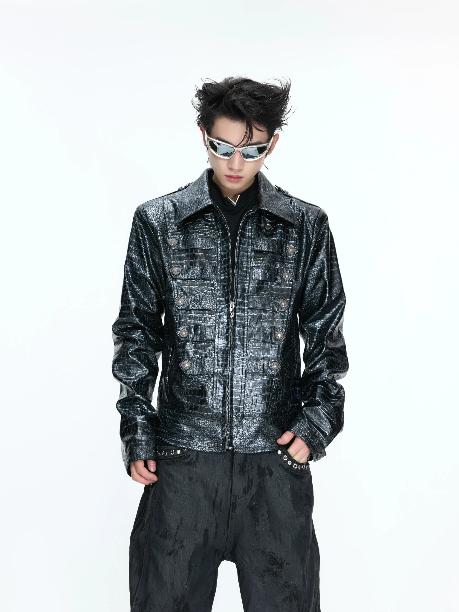 Croc-Texture Faux Leather Double-Breasted Jacket - main image 2