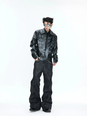 Croc-Texture Faux Leather Double-Breasted Jacket - main image 5