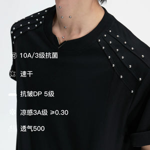 Boxy Black V-Neck Rivet T-Shirt with Mesh Lining - main image 4