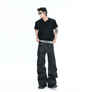 Boxy Black V-Neck Rivet T-Shirt with Mesh Lining - main image 5