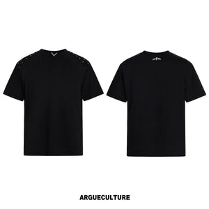 Boxy Black V-Neck Rivet T-Shirt with Mesh Lining - Black Top