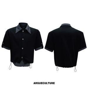 Mock-Layer Striped Polo Top and Pants Streetwear Set - Xiqiang Black Top