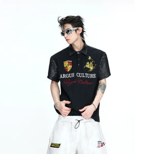 Black Embroidered Faux-Leather Panel Polo Shirt - main image 1