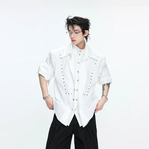 Mock-Layer Cotton Linen Lapel Shirt with Studs - main image 1