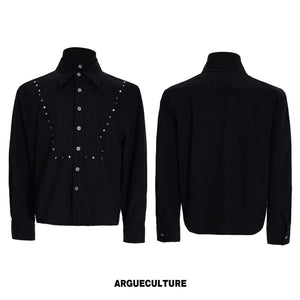 Mock-Layer Cotton Linen Lapel Shirt with Studs - Black Top