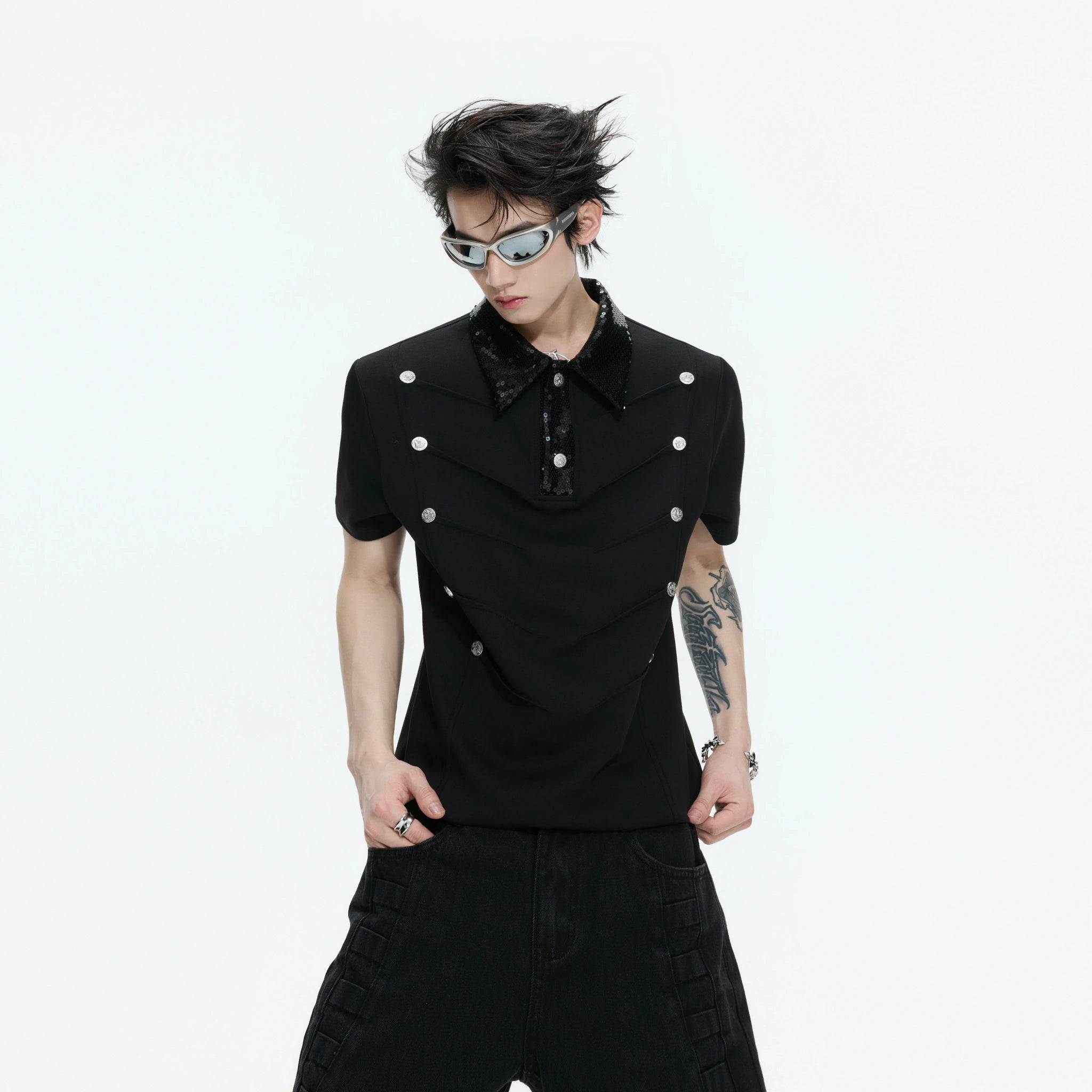 Sequined Pleated Polo Shirt - Avant-Garde Streetwear - main image 1